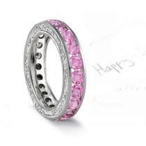 Pink Sapphire Engraved Wedding Bands