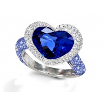 Ring with Heart Blue Sapphire & Pave Set Blue Sapphires & White Diamonds in Gold or Platinum