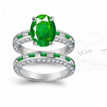 Earthly Rich-Color Oval Emerald & Heavenly Diamond Halo Engagement Ring & Gold Band Radiating Star Light