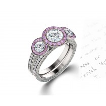 Delicate Micro Pave Halo Vivid Pink Sapphires & Brilliant-Cut Round Diamonds Designer Engagement Rings