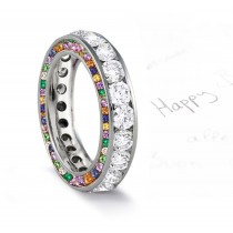 Micro pave Halo Brilliant Round Diamond & Rainbow of Gemstones Eternity Rings