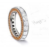 Micro pave Halo Round & Princess Cut Diamond & Orange Sapphire Eternity Rings