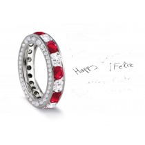 Micro pave Halo Brilliant Cut Round Diamond & Red Ruby Eternity Rings