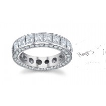 Twinkling Princess Cut Diamond Eternity Band with Sides Sprinled All Around on Either Sides in Platinum Three-Dimensional Realistic View
