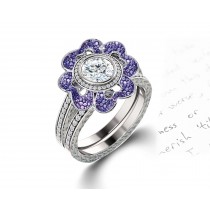 Delicate Micro Pave Halo Vivid Flower Purple Sapphires & Brilliant-Cut Round Diamonds Designer Engagement Rings