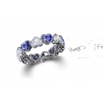Delicate Heart Shaped Diamond Bezel Set Blue Sapphire & Diamond Eternity Rings