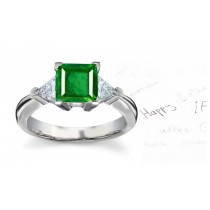 "Deeply Hued" 3 Stone Square Genuine Emerald & Trillion Diamond Ring in 14k White Gold
