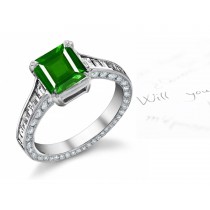 Choice Assortment: Graceful Princess Cut Emerald & Baguette Diamond Halo Ring in 14k 18k White Gold 
