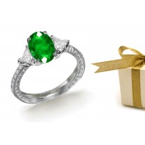 Three-stone Diamond Rings:Trillion Diamond & Oval Emerald Three Stone Anniversary Ring