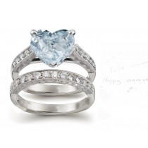Shimmering Center Heart Blue Diamond & Art Deco White Diamond Prong Set Engagement & Wedding Ring