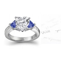 Luminous & More Intense: 3 Stone Heart Diamond & Heart Fine Blue Sapphire Heart Shape Engagement Ring in Sun Gold