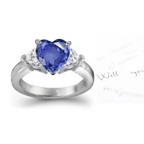 Dark Velvety & Intense Blue: 3 Stone Heart Fine Blue Sapphire & Heart Shaped Diamond Ring in Platinum & Moon Lit Gold