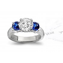 Ceylon Blue Sapphire Diamond Engagement Rings: Platinum Ring with Round Diamond & Sapphires Prong Set.