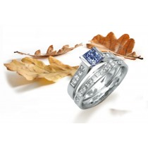 Blue Diamond Rings: Platinum Blue Princess Cut Diamond and White Princess Cut Diamonds Engagement Rings. 