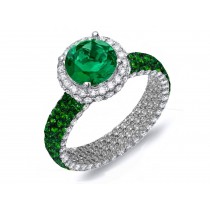 Made To Order Rings With French Pave Halo Brilliant Cut Round Diamonds & Emeralds