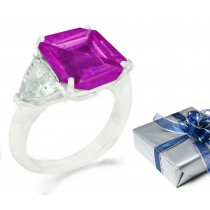 Square Pink Sapphire Three Stone Sapphire Engagement Ring with Trillion Diamonds in 14k White Gold