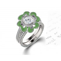 Delicate Micro Pave Halo Vivid Flower Bloom Green Emerald & Diamond Engagement Rings