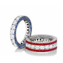 Made to Order Channel Set Brilliant Cut Round Diamonds, Rubies & Blue Sapphires Set Eternity Rings & Stackable Bands
