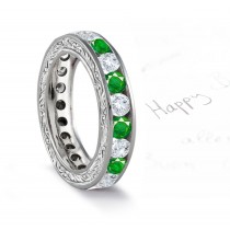 Emerald & Diamond Band with Floral Scrolls & Motifs in Platinum & Gold
