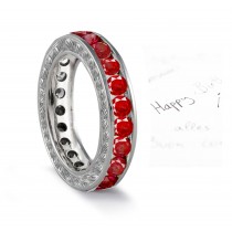 Vivid Red Ruby Wedding Band with Diamond Halo on Sides in 14k Gold