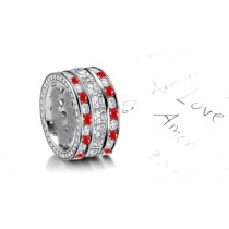 Craftsmanship: Three Sparkling Rows of Ruby & Diamond Eternity Bands in Platinum 950 Size 3 to 6