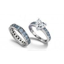 Blue Diamond Eternity Wedding Band & Matching Engagement Ring with Heart Diamond atop Blue Diamond Band