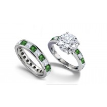 Round Diamond & Princess Cut Emerald & Diamond Engagement Ring & Wedding Wedding Band in 2 to 2.5 cts