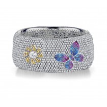 Delicate French pavee Sparkling Brilliant-Cut Round Diamonds & Vivid Multi-Colored Precious Stones Eternity Rings & Bands Featuring Vintage Flowers & Butterflies