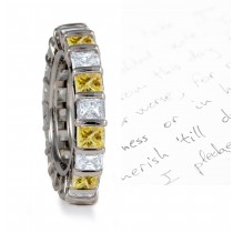 Circle of White & Yellow Princess Cut Diamonds Sparkling in Bar Settings  in Platinum or 18k Gold