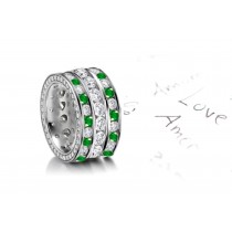 Exceptional: Three Rows of Even Toned Emerald & Diamond Eternity Wedding Rings in Platinum