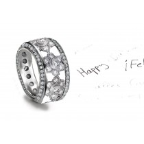 Wide Diamond Open Work Platinum Band Diamonds Micropavé in Floral Motifs All Around