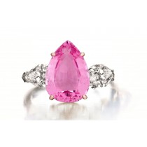 Custom Manufactured Three Stone Pear-Shaped Diamonds & Pink Sapphire Ring