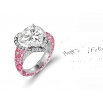 Custom Manufactured Precision Set Pave Halo Brilliant Round & Heart Diamonds & Pink Sapphire Rings