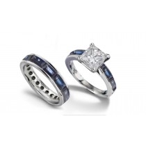 Princess Cut Diamond & Baguette Sapphire Bridal Set