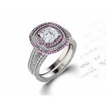 Delicate Micro Pave Halo Vivid Pink Sapphires & Brilliant-Cut Round Diamonds Designer Engagement Rings