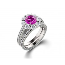 Delicate Micro Pave Halo Vivid Flower Pink Sapphires & Brilliant-Cut Round Diamonds Designer Engagement Rings