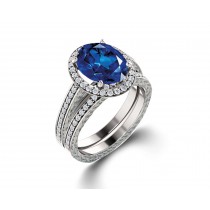 Delicate Micro Pave Halo Vivid Blue Sapphires & Brilliant-Cut Round Diamonds Designer Engagement Rings