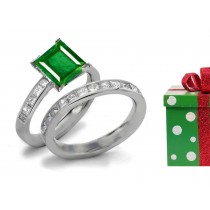 14k Princess Cut Emerald & Diamond Ring Paired with Princess Cut Diamond Band