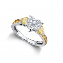 Heart Diamond & Yellow Sapphire Three Stone Engagement Ring With Side Accents