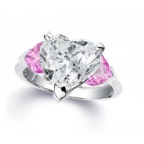 Custom Manufactured Three Stone Heart-Shaped Pink Sapphires & Diamond Ring