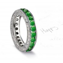 Victorian Style Emerald Wedding Band with Floral Scrolls & Motifs
