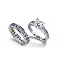 Puple Diamond Wedding Eternity Band & Matching Engagement Ring with Heart Diamond atop Purple Diamond Band