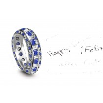 "Lifetime": Vibrant Blue Sapphire & Diamond Halo Eternity Ring in Gold