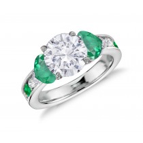 Three Stone Center Round Diamond & Heart Emeralds Ring
