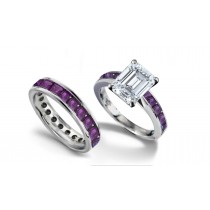 Emerald Cut Diamond & Square Purple Sapphire Ring & Matching Wedding Band