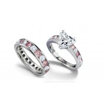 White & Pink Diamond Wedding Eternity Band & Matching Engagement Ring with Heart Diamond atop Pink Diamond Band