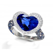 Ring with Heart Blue Sapphire & Pave Set Blue Sapphires & White Diamonds in Gold or Platinum