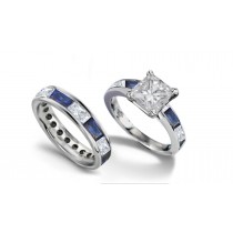 Princess Cut Diamond and Baguette Sapphire Bridal Set