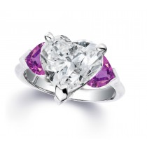 Custom Manufactured Three Stone Heart-Shaped Purple Sapphires & Diamond Ring