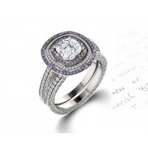 Delicate Micro Pave Halo Vivid Purple Sapphires & Brilliant-Cut Round Diamonds Designer Engagement Rings